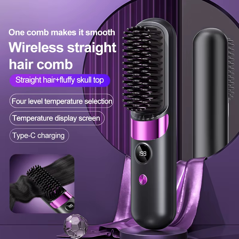Portable Wireless Hair Straightening Comb Hair Brush Straightener Mini Ionic Hot Comb Straightener Negative Ion Curler Straightener Brush Rechargeable LED Display Hot Comb