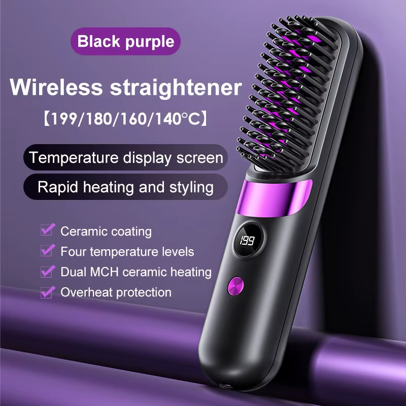 Portable Wireless Hair Straightening Comb Hair Brush Straightener Mini Ionic Hot Comb Straightener Negative Ion Curler Straightener Brush Rechargeable LED Display Hot Comb
