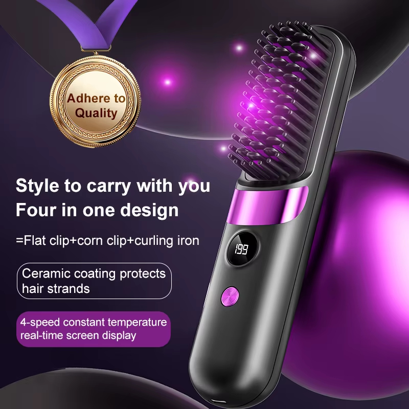 Portable Wireless Hair Straightening Comb Hair Brush Straightener Mini Ionic Hot Comb Straightener Negative Ion Curler Straightener Brush Rechargeable LED Display Hot Comb