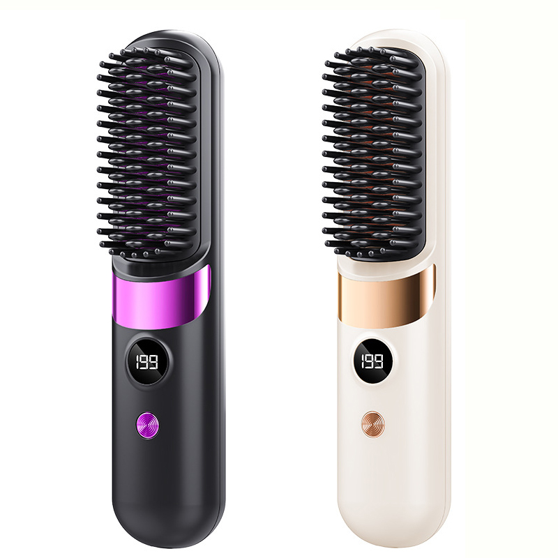 Portable Wireless Hair Straightening Comb Hair Brush Straightener Mini Ionic Hot Comb Straightener Negative Ion Curler Straightener Brush Rechargeable LED Display Hot Comb