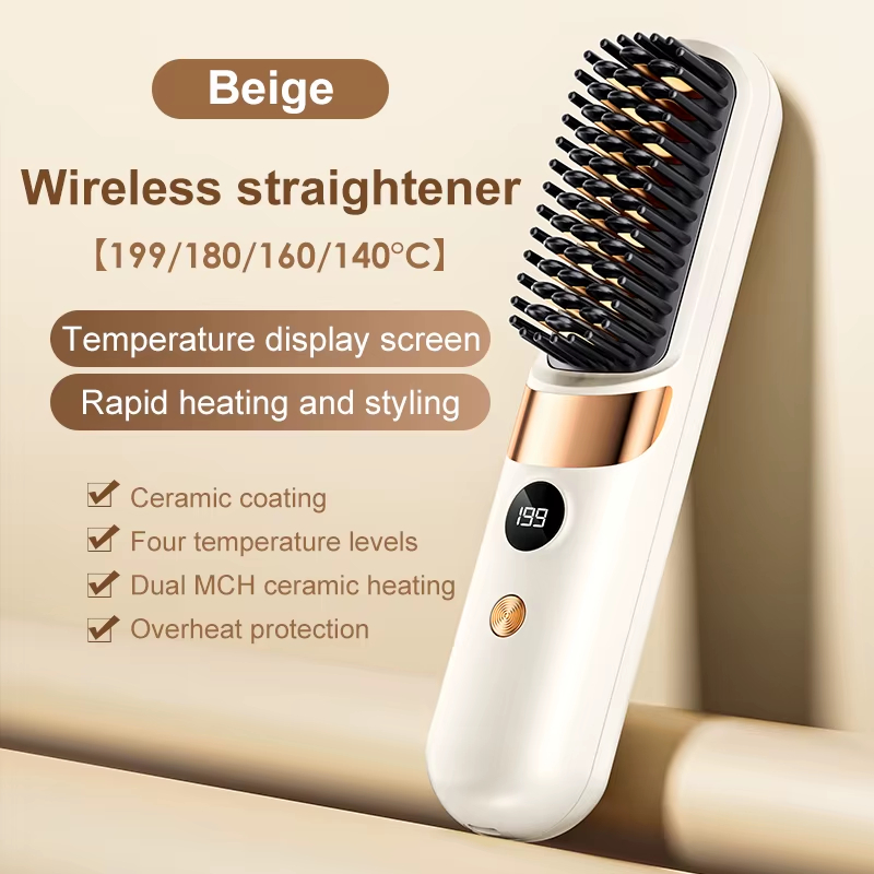 Portable Wireless Hair Straightening Comb Hair Brush Straightener Mini Ionic Hot Comb Straightener Negative Ion Curler Straightener Brush Rechargeable LED Display Hot Comb
