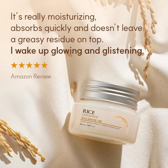 The Face Shop Rice Ceramide Moisturizing Cream. Deeply moisturizes, give a korean glass skin glow, hydrates, repairs & strengthens skin barrier & replenishes skin moisture