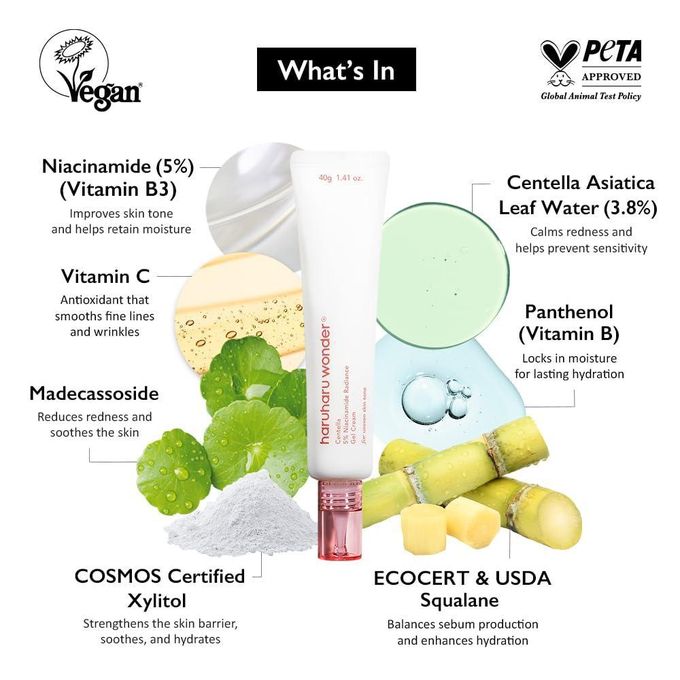 haruharu wonder Centella 5% Niacinamide Radiance Gel Cream. Moisturizes, Give a radiant glowing skin, removes dark spots, hyperpigmentation, dark marks, wrinkles, fine lines, smooths, softens.