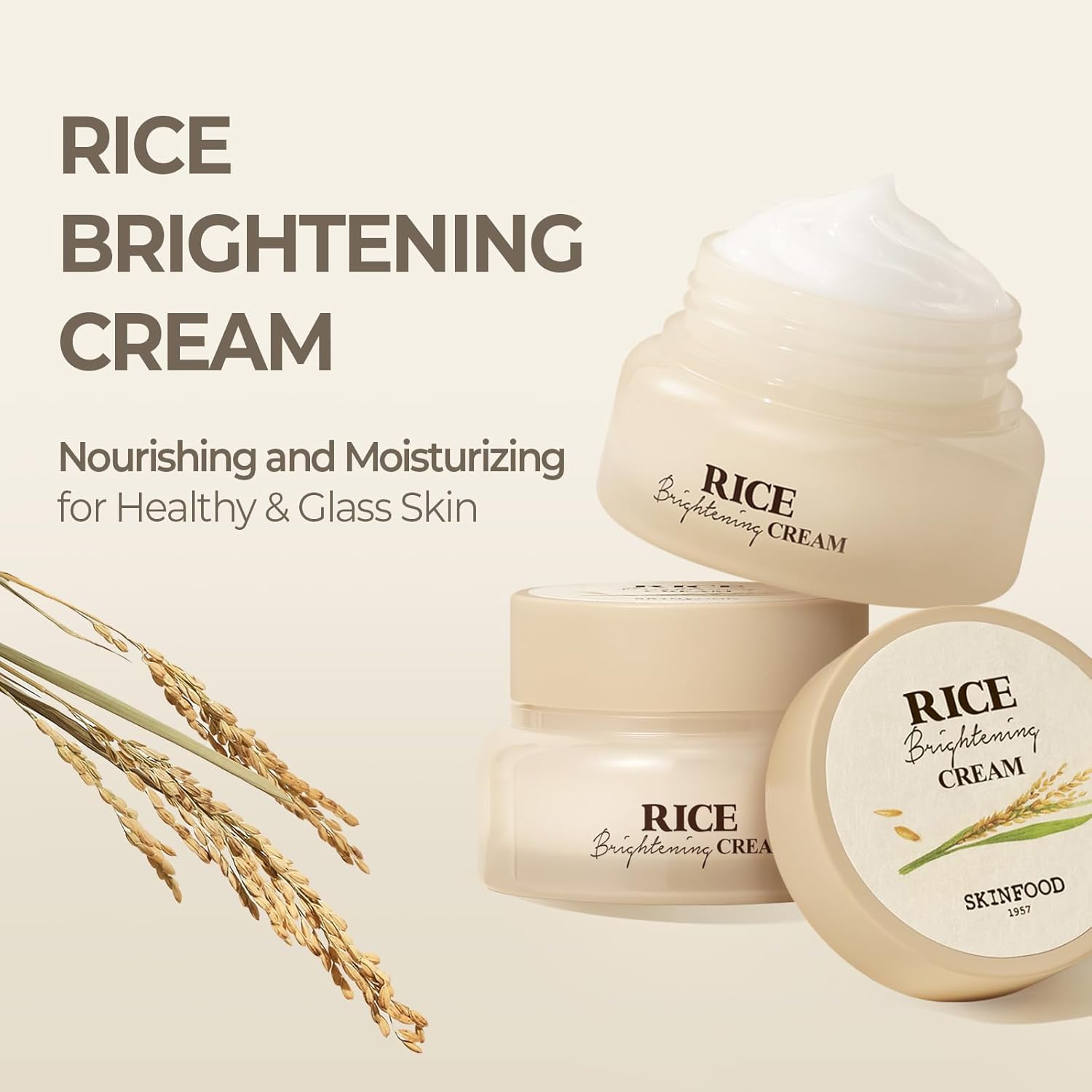 SKINFOOD Rice Brightening Cream. Moisturizes, Glows, Refines pores, Brightens, Make skin smooth, radiant, elastic, clear, Remove dead skin cells, evens the skin tone, Softens & Nourishes