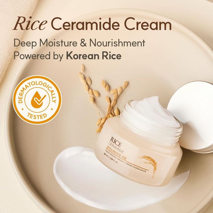 The Face Shop Rice Ceramide Moisturizing Cream. Deeply moisturizes, give a korean glass skin glow, hydrates, repairs & strengthens skin barrier & replenishes skin moisture