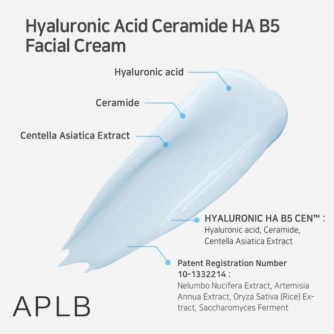 APLB Hyaluronic Acid Ceramide Ha B5 Facial Cream. Deeply moisturizes, soothes the skin, support the skin’s natural barrier, glows the skin, smooths & softens