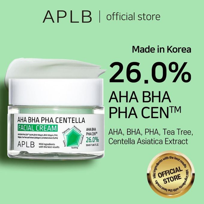 APLB AHA BHA PHA Centella Facial Cream. Moisturizes, Soothes skin irritation & redness, Softly and gently exfoliates, improve skin elasticity, tighten pores, slough away dead skin cells , smooth.