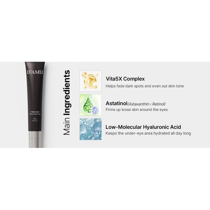 D'AMU Vita5X Astatinol Eye Cream with Retinol & Astaxanthin. Deeply moisturizes, Removes eye puffiness, wrinkles, dark circles, dark spots, eye bags, fine lines, Firms loose skin around the eye.