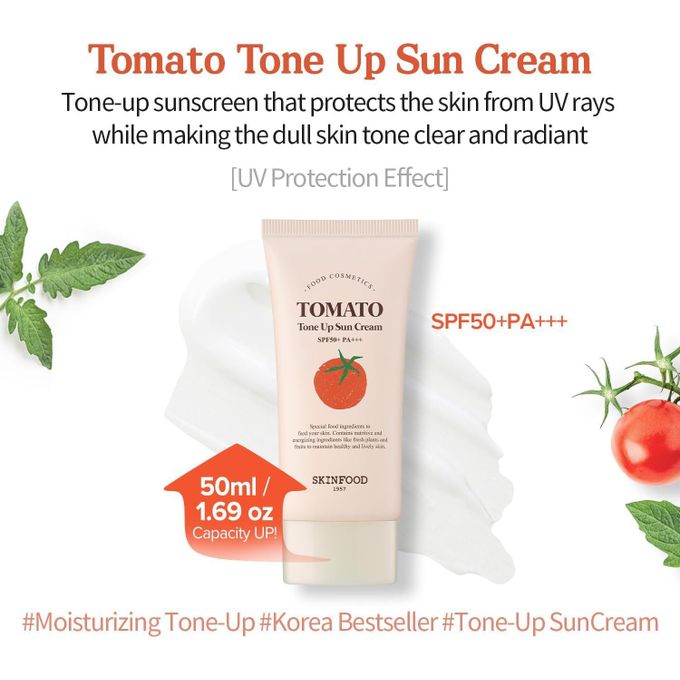 SKINFOOD Tomato Tone Up Sun Cream SPF 50+. Offers a high level of sun protection, Tones the skin, brightens dull skin and prevent photo-aging