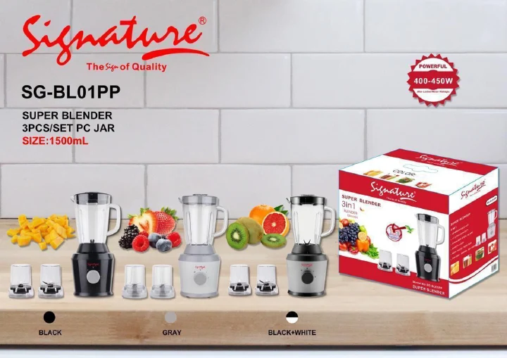 Signature 3 in 1 Super blender SG-BLO1PP with 1.5L unbreakable jar food chopper and grinder 450W and 3pcs jars