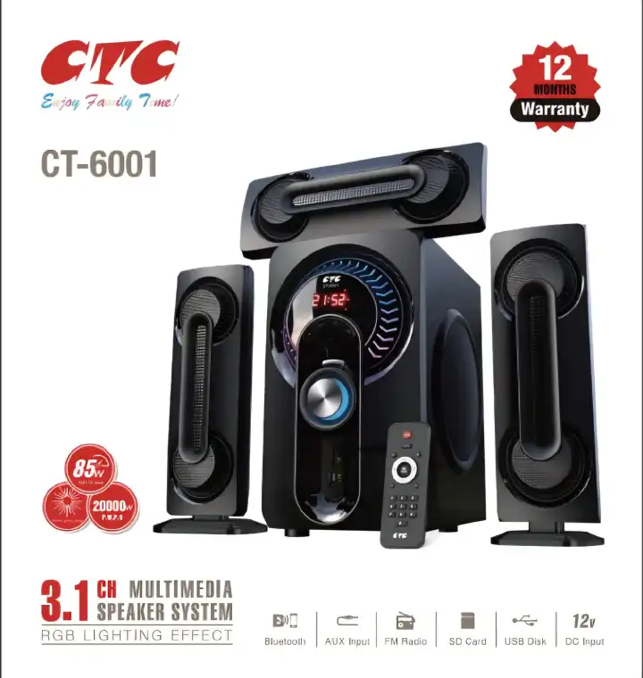 CTC 3.1CH CT-6001 Sub Woofer Speaker System Modern Super Bass High Quality Multimedia Speaker System with Sorround Sound System with remote control 20000W PMPO with 80W power output