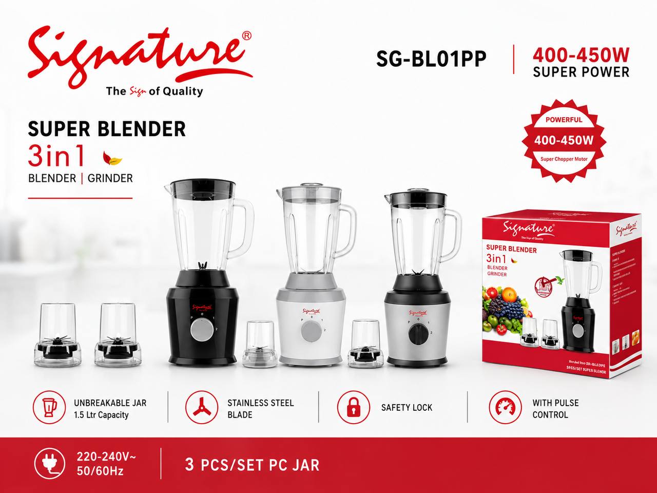Signature 3-in-1 Super blender SG-BLO1PP with 1.5L unbreakable jar food chopper and grinder 450W and 3pcs jars
