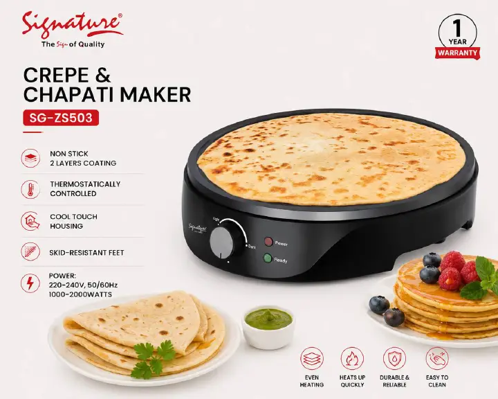 Signature SG-ZS-503 Crepe pancake And Chapati Maker Electric Quality 28 cm Crepe & Chapati Maker (800W) Thermostatically Controled