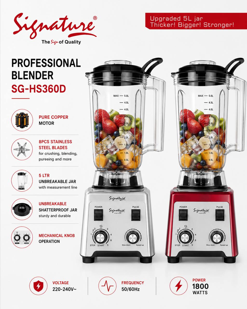 Signature SG-SH360D Heavy Duty Professional Commercial Blender 1800W With 5L Unbreakable jar Professional Signature Blender