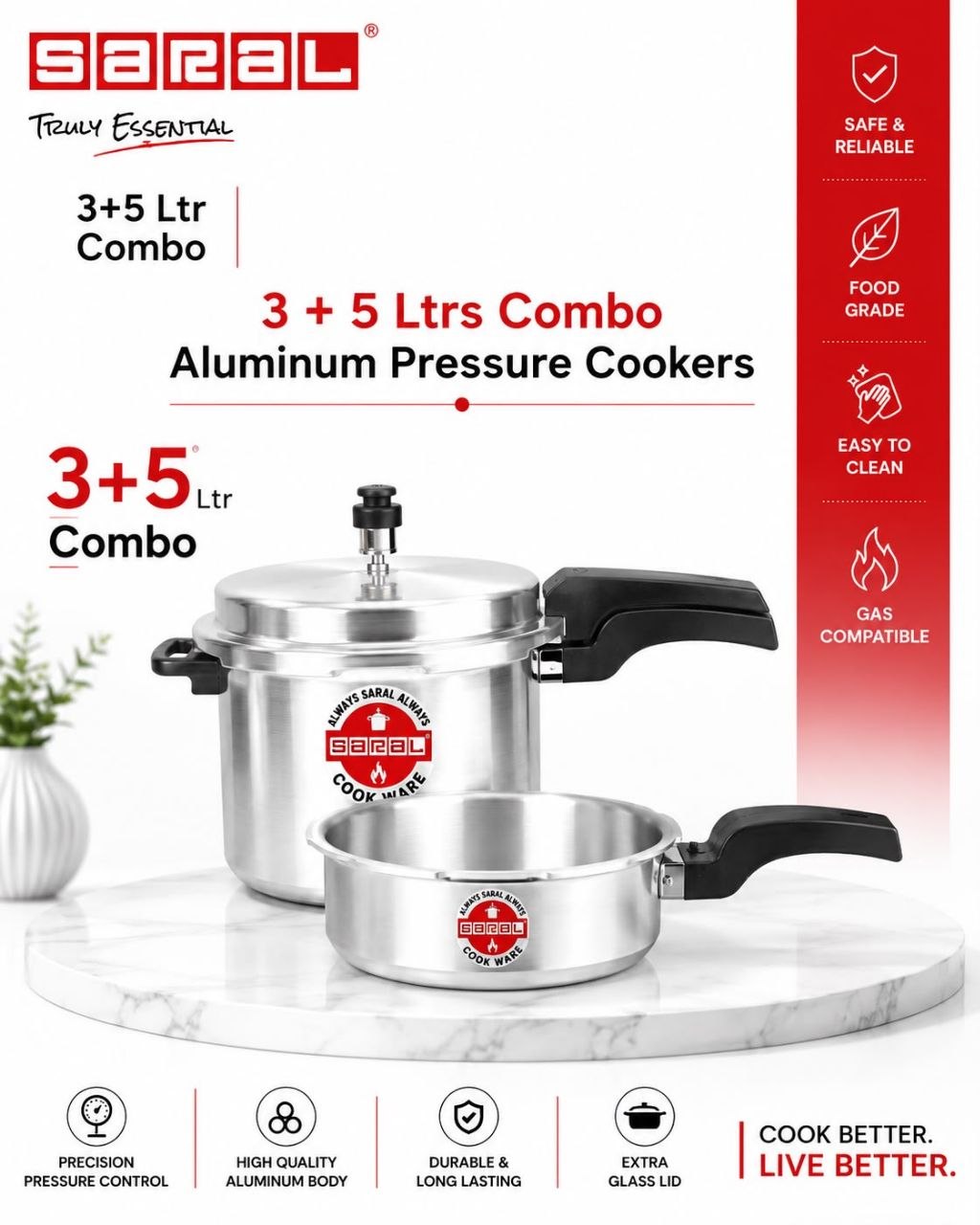 Signature 2pcs Saral combo Aluminium pressure cookers 3L+5L set explosion proof insulated handle