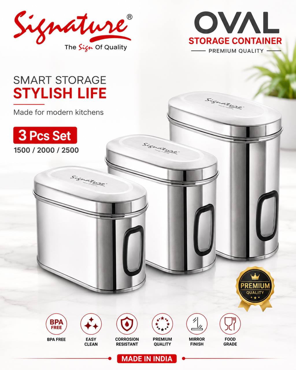 Signature 3pcs Stainless Steel Kitchen Storage Containers Capsule Shape Galaxy Window Canister with Unbreakable Steel Lid - Durable and Elegant Food Storage Jar for Spices, Snacks, Grains 1.5L,2L,2.5L