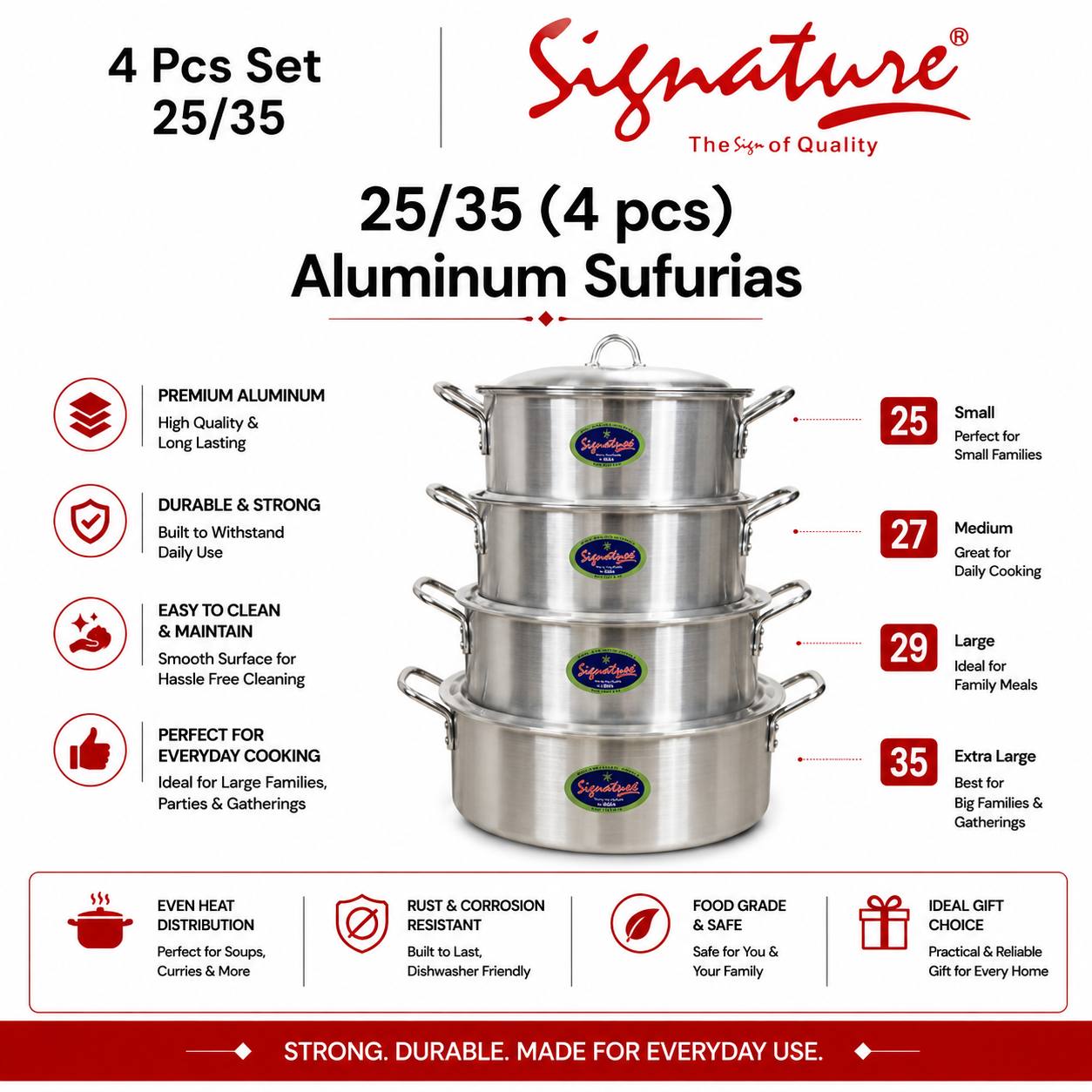 Signature 4pcs Aluminium sufurias set with lids 25/35 extra large suitable for homes and hotels