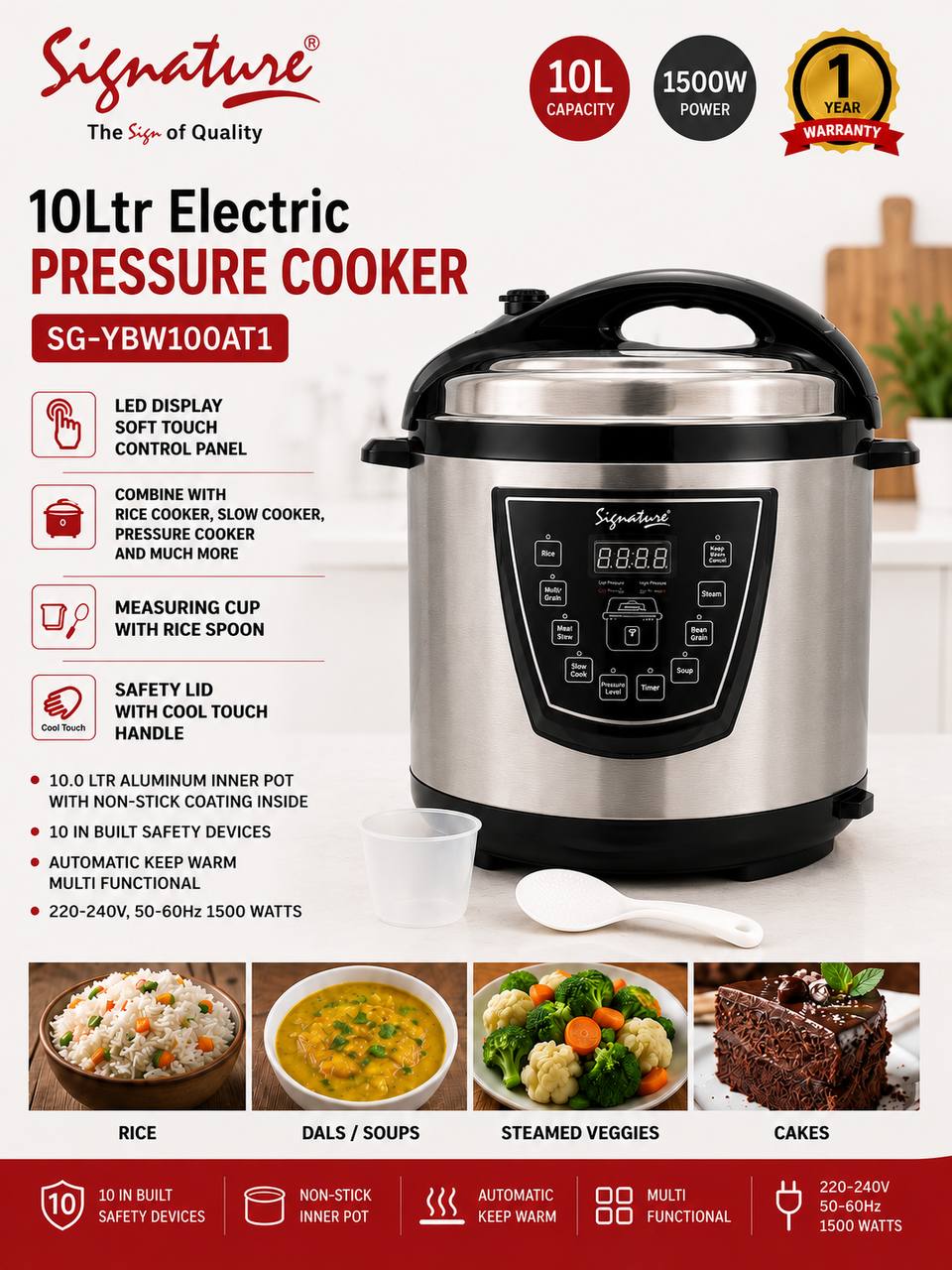 Signature 10L Electric Pressure Cooker And Rice Cooker With non stick inner pot 10L Electric pressure cooker 1400W