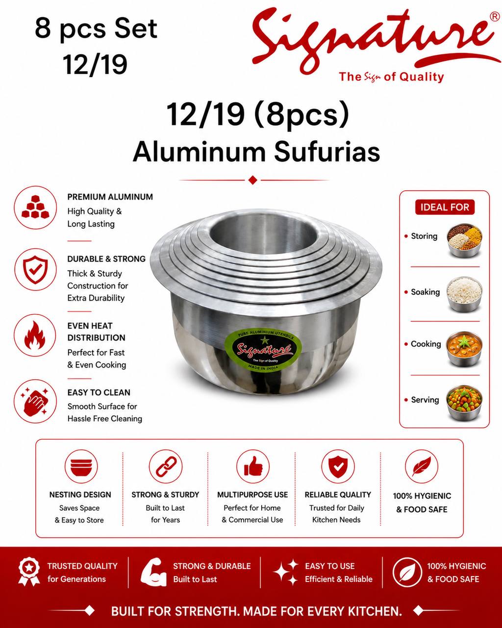 Signature 8pcs Aluminium Sufurias 12-19 without lids for evenly heat distribution Durable Cookware for Every Kitchen
