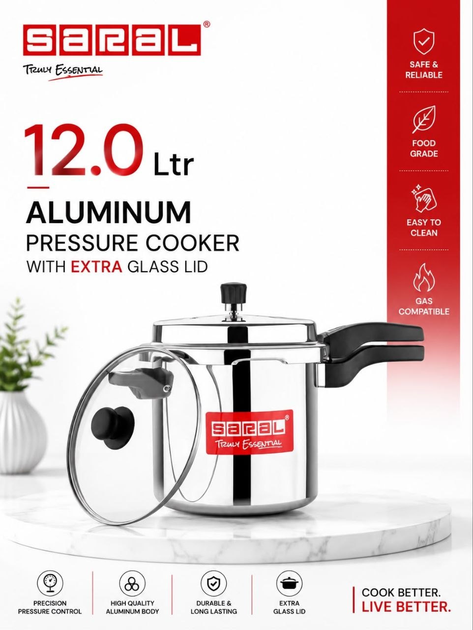 Signature Saral 12L Aluminium pressure cooker with glass lid Heavy Duty, Fast Cooking, Excellent Quality, Safe for Home Kitchen Use