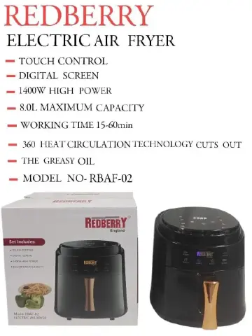 Redberry 8L electric Air Fryer RBAF-02 with touch control, digital screen and 8L maximum capacity 1400W high power
