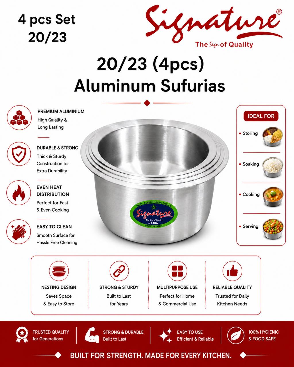 Signature 4pcs heavy duty aluminium sufurias 20/23 without lids suitable for homes and hotels