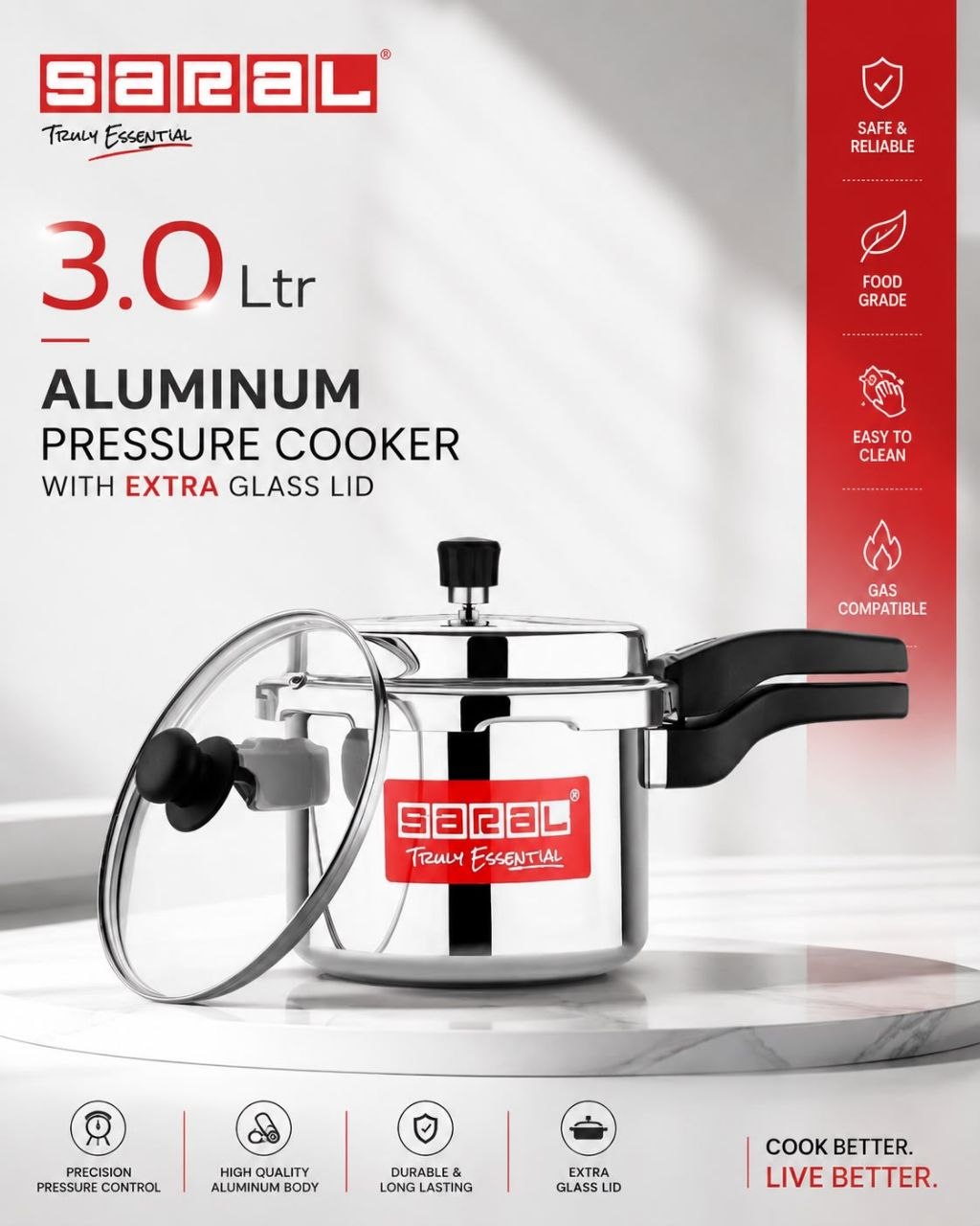 Signature Saral 3L Aluminium pressure cooker with glass lid Heavy Duty, Fast Cooking, Excellent Quality, Safe for Home Kitchen Use