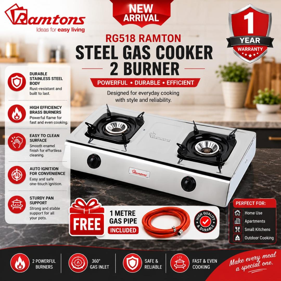 Ramtons RM/518 gas cooker 2 burner table top cooktop stainless steel with Auto ignition Whirlwind burners