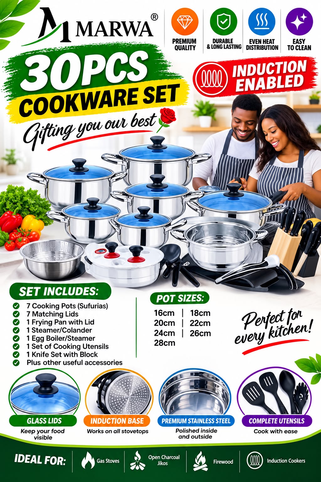Marwa induction cookware set 30 pcs original set Heavy Duty Induction Cookware set of  Pots / sufurias  Set With Glass Lids
