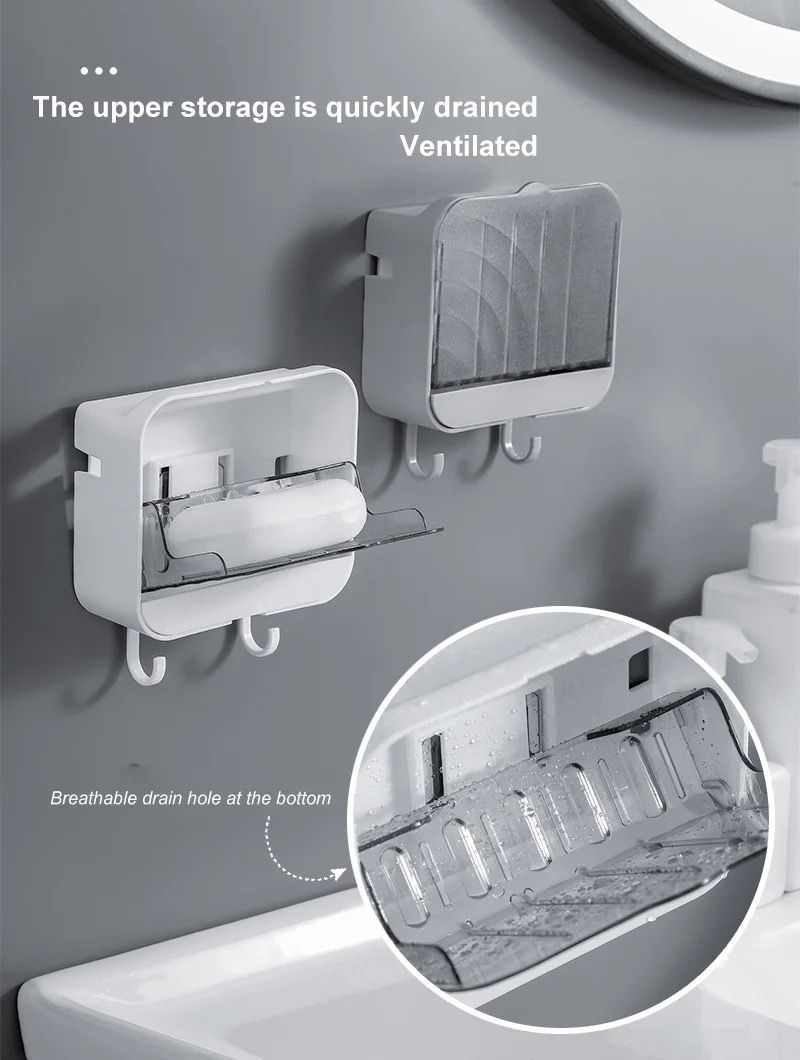 Wall Mounted Drain Soap Dish Holder with Case and Hooks – Space Saving Bathroom Organizer