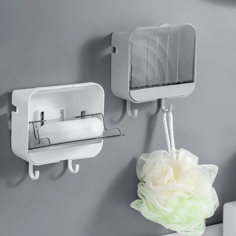 Wall Mounted Drain Soap Dish Holder with Case and Hooks – Space Saving Bathroom Organizer