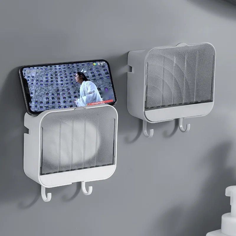Wall Mounted Drain Soap Dish Holder with Case and Hooks – Space Saving Bathroom Organizer