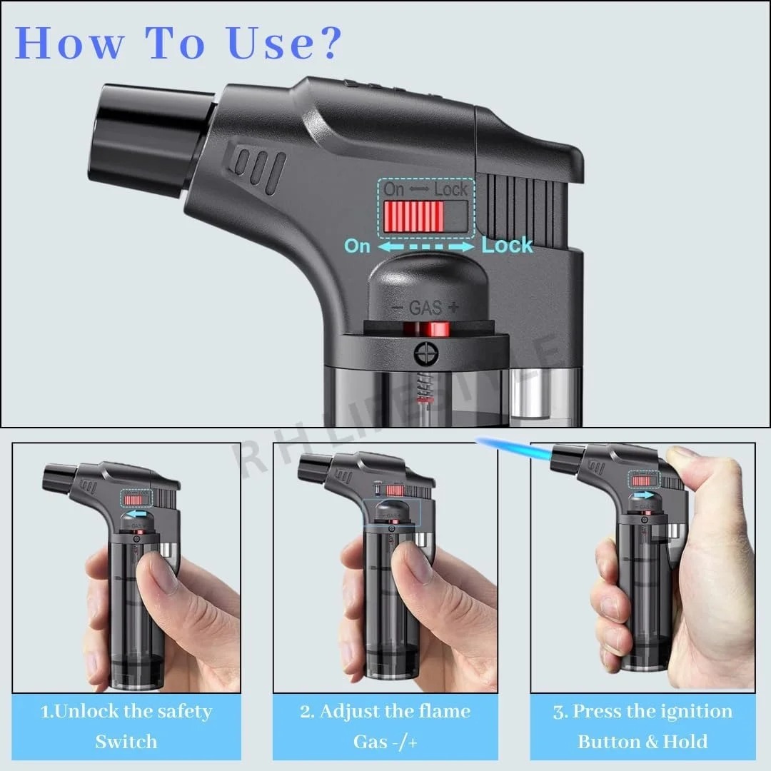 Gun Lighter Blow Torch – Refillable Butane Gas Jet Flame Windproof Torch Lighter for BBQ, Camping & Home Use