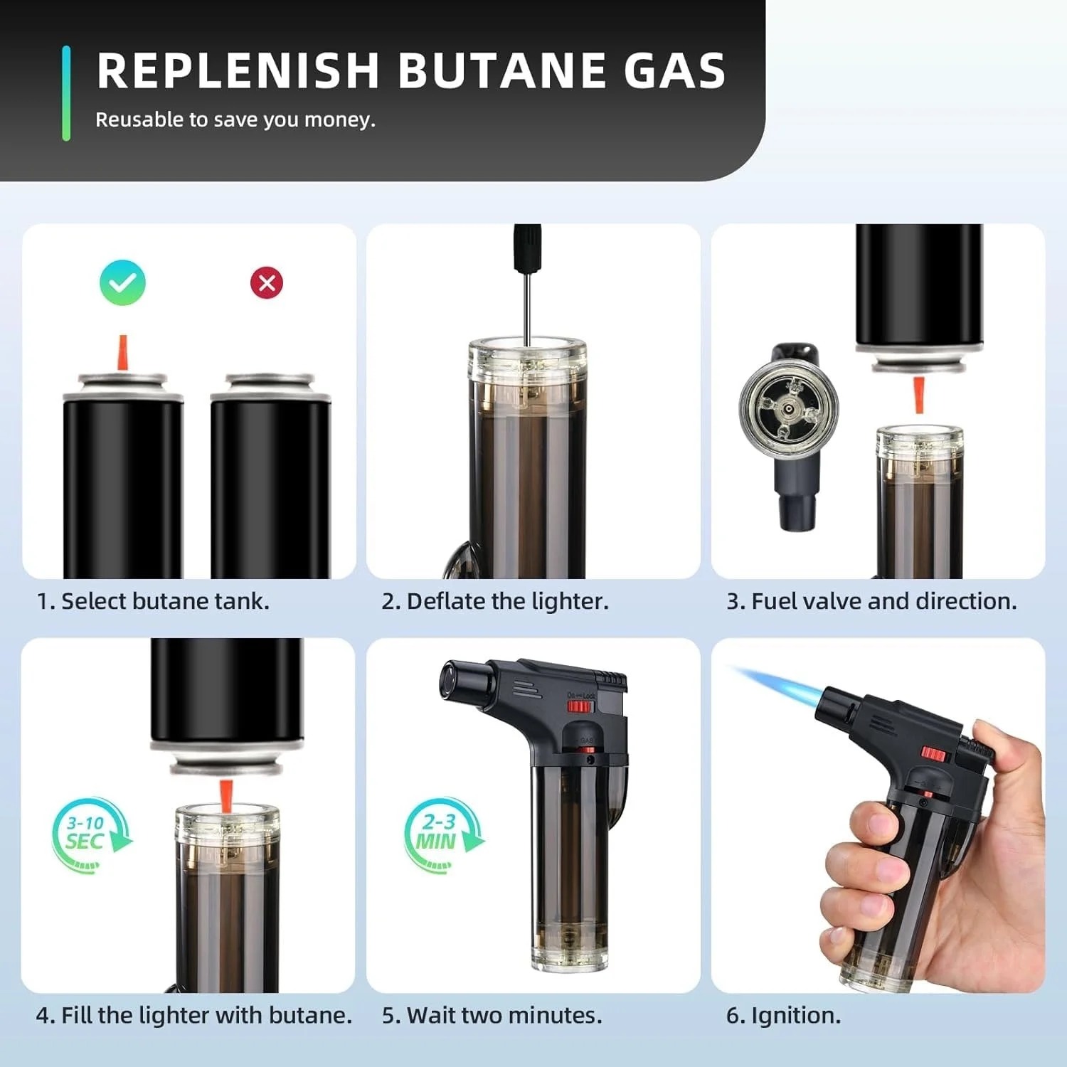 Gun Lighter Blow Torch – Refillable Butane Gas Jet Flame Windproof Torch Lighter for BBQ, Camping & Home Use