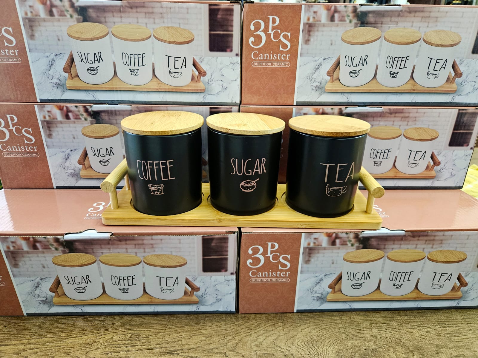 Tea,coffee, sugar set this kitchen storage canister set is a stylish and practical solution for organizing everyday essentials such as coffee, tea, and sugar.