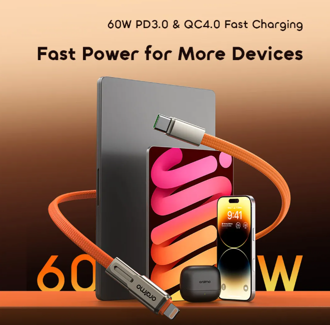 oraimo SpeedLine 4 Magnetic 2-IN-1 60W Fast Charge Cable  480Mbps High-Speed Multi-Device Fast Charge : Type-C/Lightning; C TO Iphone Data Cable OR C TO C Cable