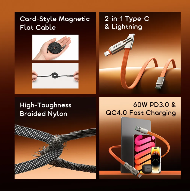 oraimo SpeedLine 4 Magnetic 2-IN-1 60W Fast Charge Cable  480Mbps High-Speed Multi-Device Fast Charge : Type-C/Lightning; C TO Iphone Data Cable OR C TO C Cable