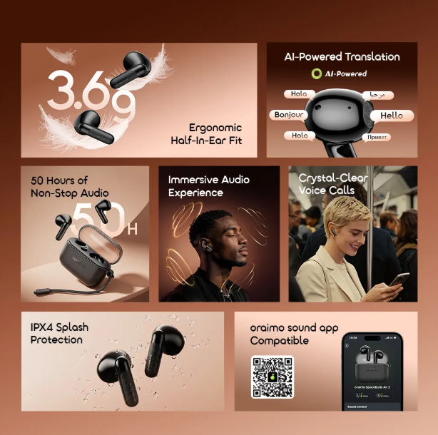 oraimo SpaceBuds Air 2 50H Long Battery Life Earbuds with Smart Translation