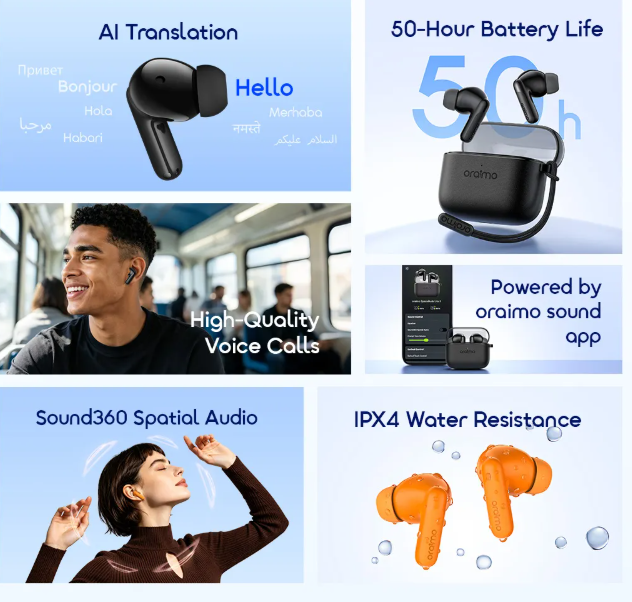 oraimo SpaceBuds Lite 2 50 hours with the charging case Immersive Portable True Wireless Earbuds With AI translation Bluetooth Earphones