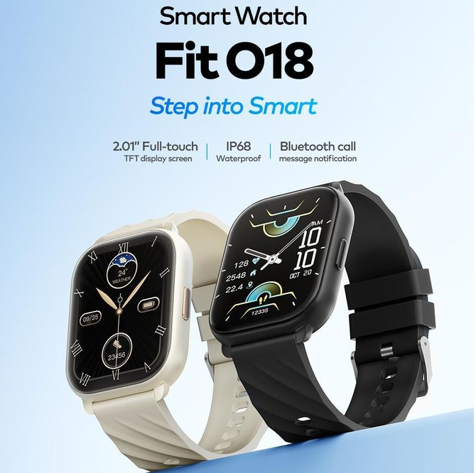 Itel Smart Watch Fit O18B with a 2.01” HD display, Bluetooth calling, fitness tracking, IP68 water resistance, and a 300mAh battery.