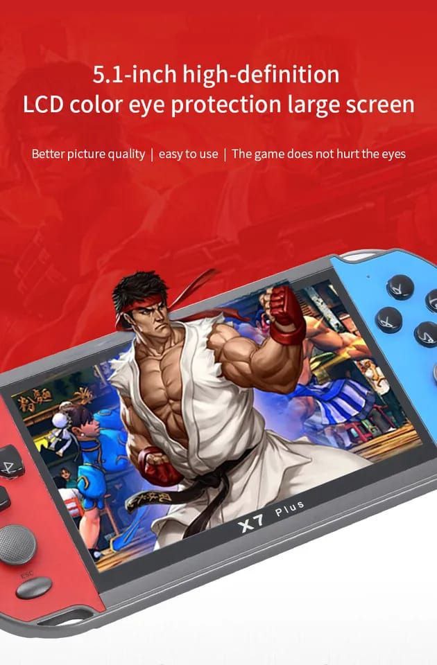 X7 plus handheld game console . 5.1 inch screen, in-built 15,000 games, support TV output, supports music playing,video playing,e-book,stopwatch etc