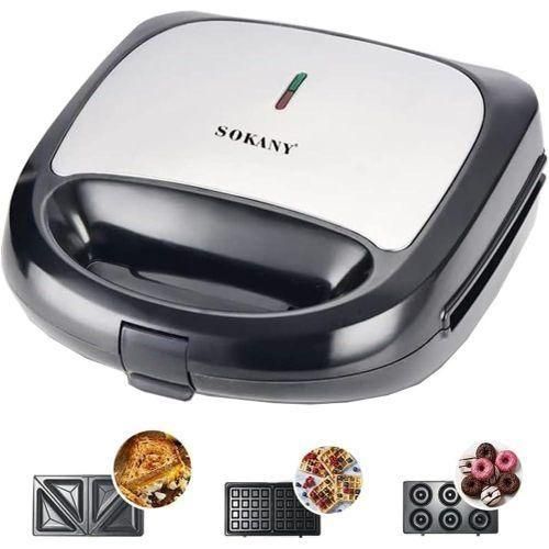 CLEARANCE OFFER Sokany Donut Maker,3 in 1 Electric Waffles Sandwich Machine ,Panini Press Grill Iron Set with 3 interchangeable Removable Non Stick Plates,750W Detachable Dessert Toaster