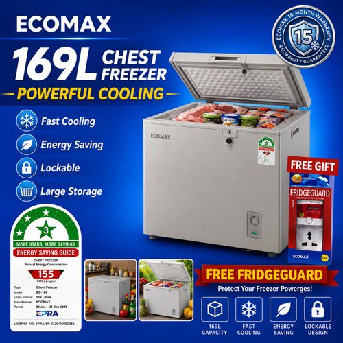 CLEARANCE OFFER Ecomax 169L Chest Freezer, 3 Star Energy Saving Deep Freezer with Free Fridge Guard -