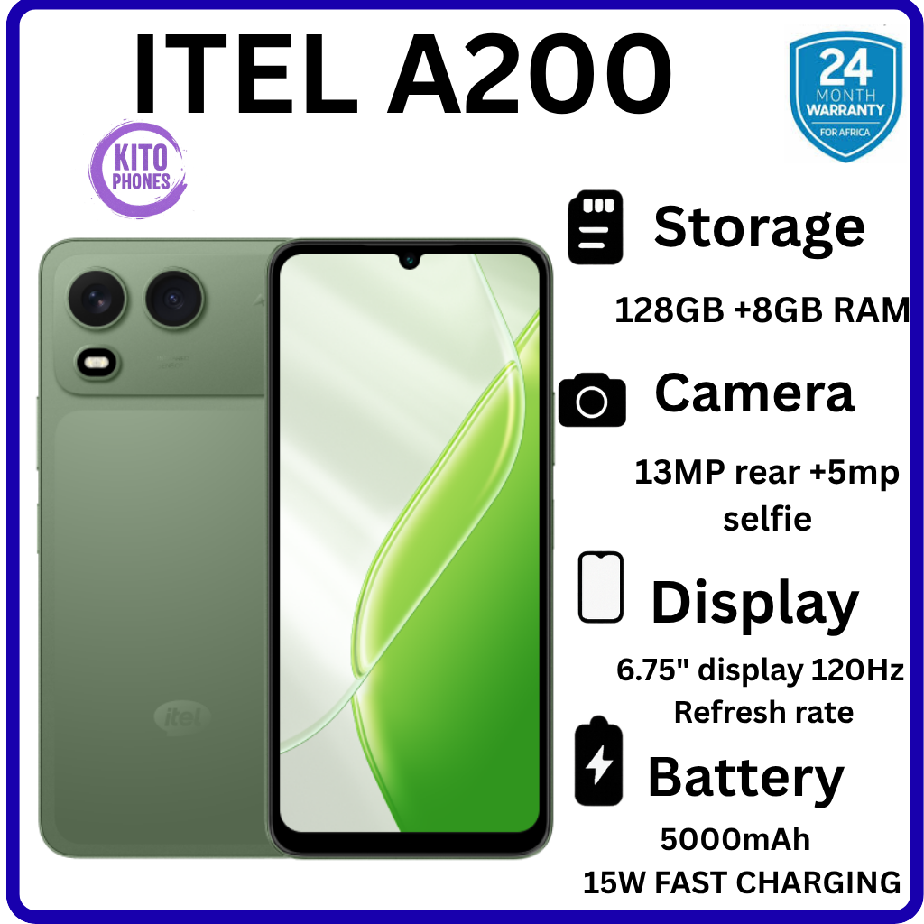 BRAND NEW ITEL A200 128GB ROM+8GB(3+5GB) EXTENDED RAM 6.75" Dual SIM 4G Network 13MP Camera+ 5MP SELFIE 15W Charging 5000mAh Battery Android 15 Fingerprint Unlock Smart Phones+FREE