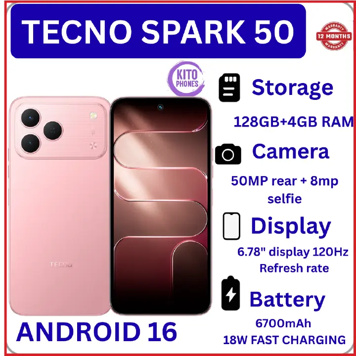 NEW ARRIVALS!! BRAND NEW Tecno Spark 50 128GB ROM+ 4GB RAM 6.78" SCREEN 120Hz Refresh rate Camera 50MP Main Camera +8MP SELFIE 18W Super Charging 6700mAh battery Android 16 PHONE SMARTPHONE