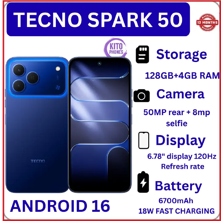 NEW ARRIVALS!! BRAND NEW Tecno Spark 50 128GB ROM+ 4GB RAM 6.78" SCREEN 120Hz Refresh rate Camera 50MP Main Camera +8MP SELFIE 18W Super Charging 6700mAh battery Android 16 PHONE SMARTPHONE