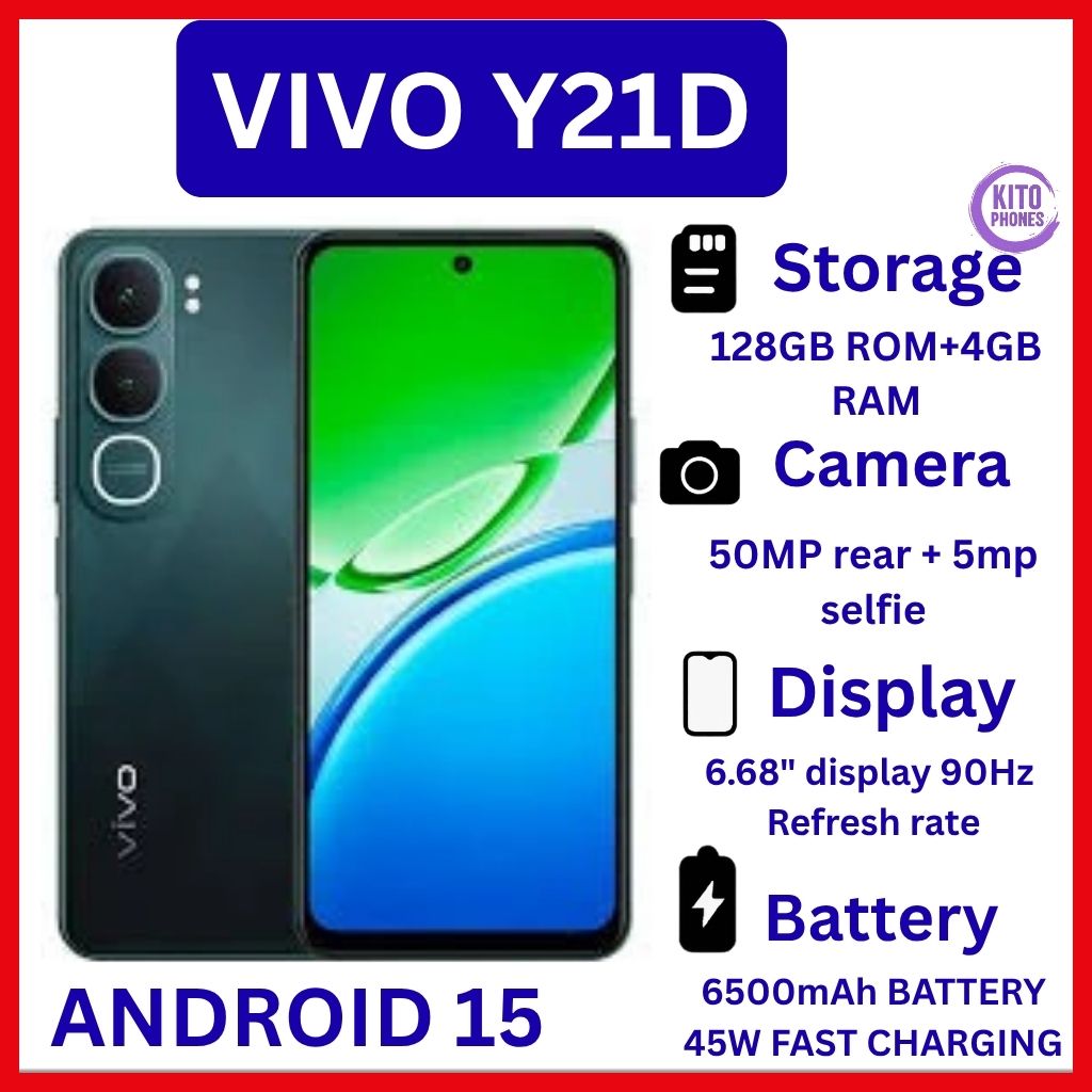 Vivo Y21d 6.68" screen display 4GB RAM + 128GB ROM 50MP MAIN CAMERA 6500mAh battery capacity 5-Year Health Battery IP69+ Waterproof, 45W FlashCharge, 90Hz refresh rate ANDROID 15 SMARTPHONE+FREE GIFTS