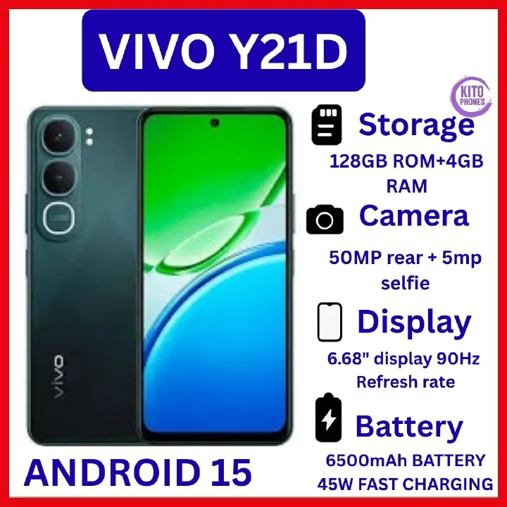 Vivo Y21d 6.68" screen display 4GB RAM + 128GB ROM 50MP MAIN CAMERA 6500mAh battery capacity 5-Year Health Battery, IP69+ Waterproof, 45W FlashCharge, 90Hz refresh rate ANDROID 15 PHONE SMARTPHONE
