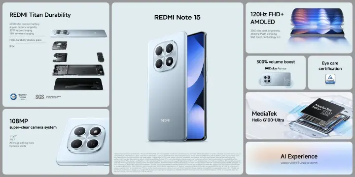 NEW ARRIVALS!! XIAOMI Redmi Note 15 128GB ROM +6GB RAM 6.77" 120Hz AMOLED Curved Display 108 MP CAMERA 20MP Selfie 6000mAh Battery 33W FAST CHARGING  ANDROID SMARTPHONE +FREE GIFTS REDMI BUDS 6 PLAY