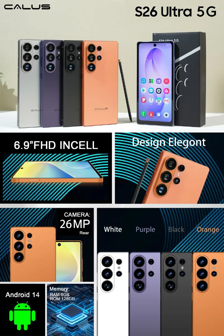 BRAND NEW !! CALUS S26 Ultra 5G 8GB RAM+ 128GB ROM, 6.9 Inch Incell Display , 13MP FRONT+26MP REAR,5000mAh Long Standby Batttery, Charging and Stylus Pen ANDROID 14 MEDIATEK TYPE C PHONE+FREE GIFTS